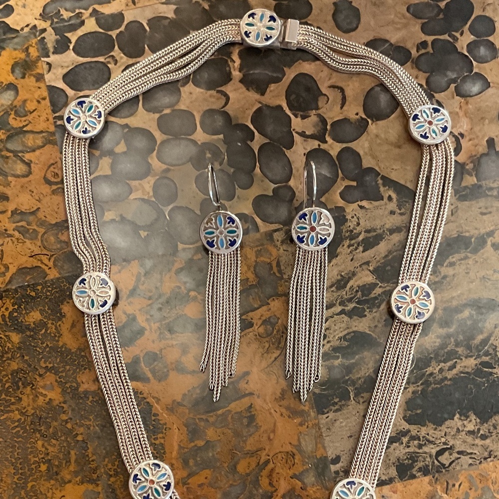 Vintage Byzantine Design Silver 925 Enamel Necklace/Earrings Set